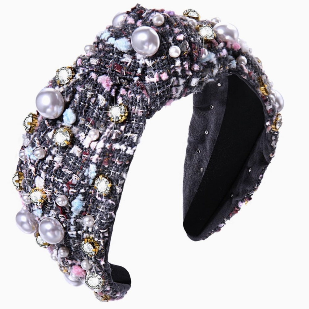 Elegant Tweed Headband with Pearls and crystals 
Black and multicolored New